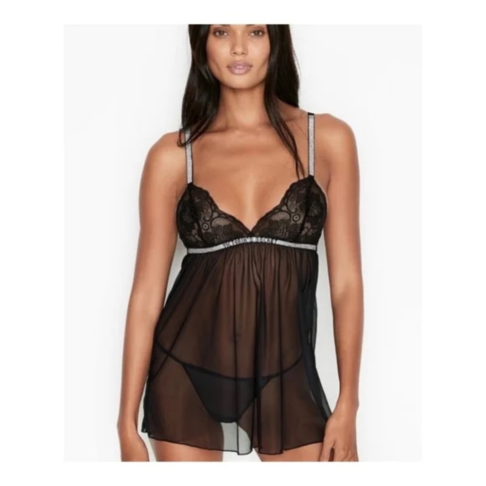 victoria Secret Shine Strap Babydoll Black